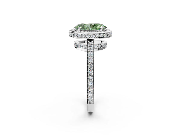 White gold Fancy Green Oval  Halo Pave Band Solitaire Ring with Prong Setting