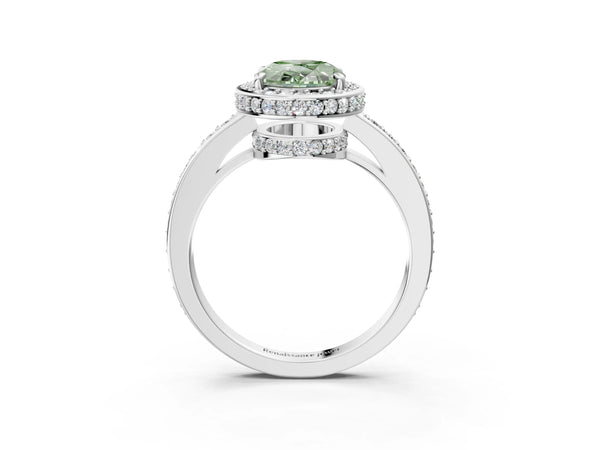 White gold Fancy Green Oval  Halo Pave Band Solitaire Ring with Prong Setting