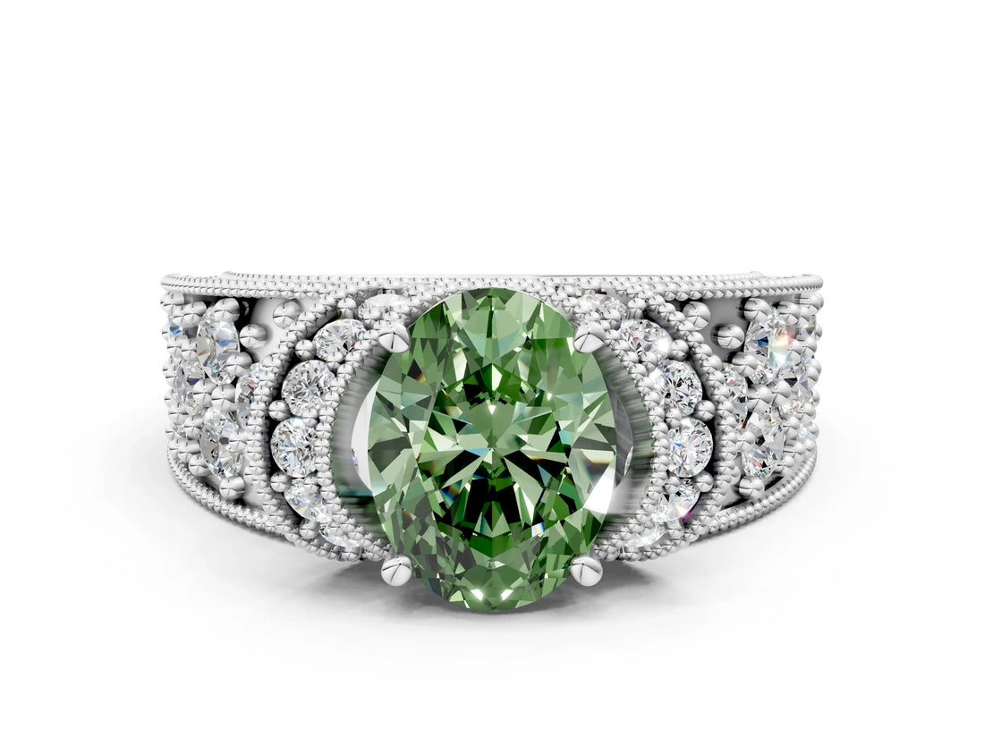 White gold Fancy Green Oval  Halo Pave Diamond Engagement Ring with Milgrain Detailing_49