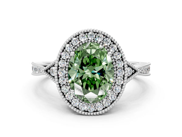 Platinum Fancy Green Oval  Halo Round Diamond Milgrain Pave Engagement Ring