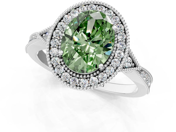 Platinum Fancy Green Oval  Halo Round Diamond Milgrain Pave Engagement Ring