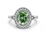 White gold Fancy Green Oval  Halo Round Diamond Milgrain Pave Engagement Ring_23