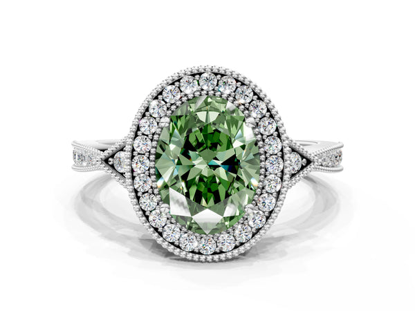 Platinum Fancy Green Oval  Halo Round Diamond Milgrain Pave Engagement Ring