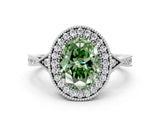 White gold Fancy Green Oval  Halo Round Diamond Milgrain Pave Engagement Ring_9