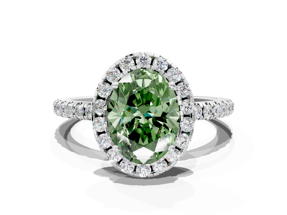 White gold Fancy Green Oval  Halo Round Diamond Pavé Band Four-Prong Ring_3