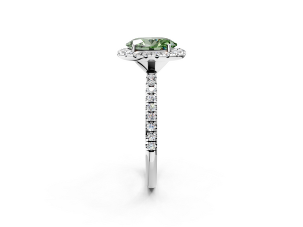 Platinum Fancy Green Oval  Halo Round Diamond Pavé Band Four-Prong Ring