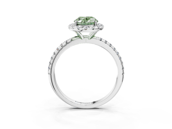 Platinum Fancy Green Oval  Halo Round Diamond Pavé Band Four-Prong Ring