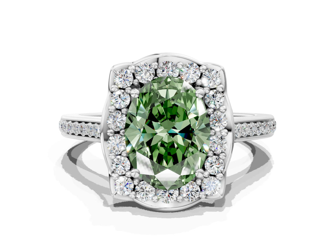 White gold Fancy Green Oval  Halo Round Diamond Pave Band with Four-Prong Setting_50
