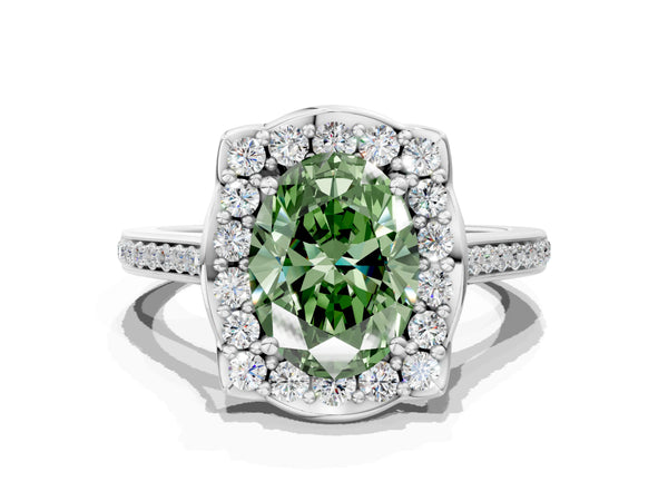 White gold Fancy Green Oval  Halo Round Diamond Pave Band with Four-Prong Setting