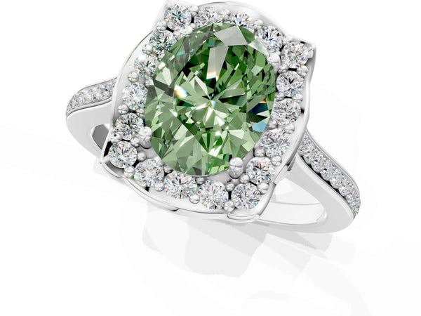 White gold Fancy Green Oval  Halo Round Diamond Pave Band with Four-Prong Setting