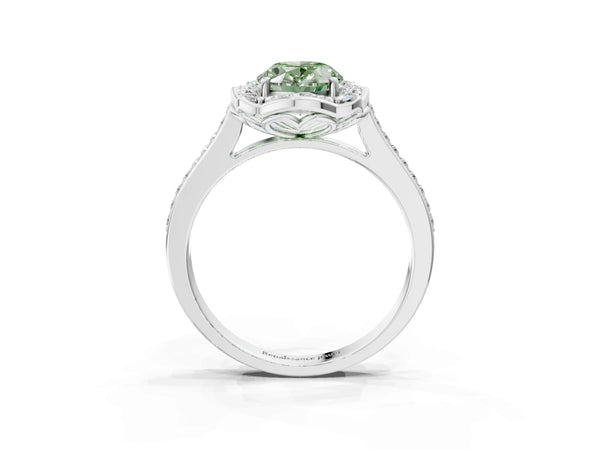 White gold Fancy Green Oval  Halo Round Diamond Pave Band with Four-Prong Setting