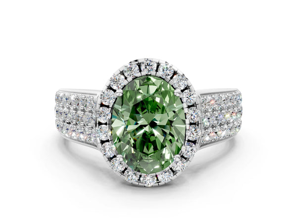 Platinum Fancy Green Oval  Halo Round Diamond Pave Band with Prong Setting
