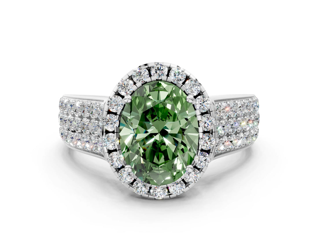 White gold Fancy Green Oval  Halo Round Diamond Pave Band with Prong Setting_24