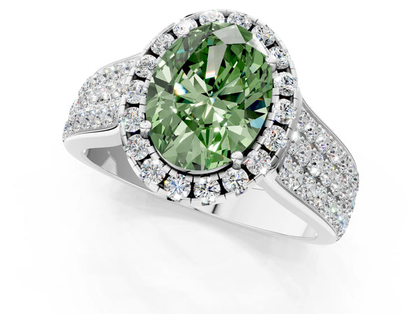 Platinum Fancy Green Oval  Halo Round Diamond Pave Band with Prong Setting