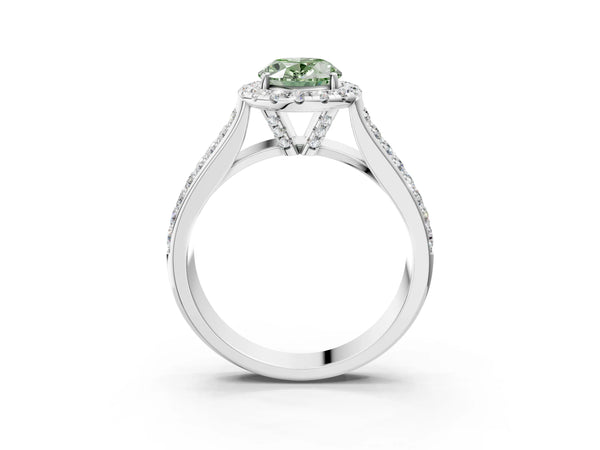 Platinum Fancy Green Oval  Halo Round Diamond Pave Band with Prong Setting