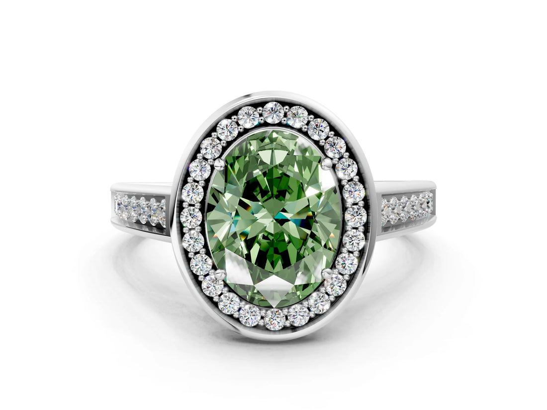 White gold Fancy Green Oval  Halo Solitaire Diamond Ring with Pave Band and Bezel Setting_49