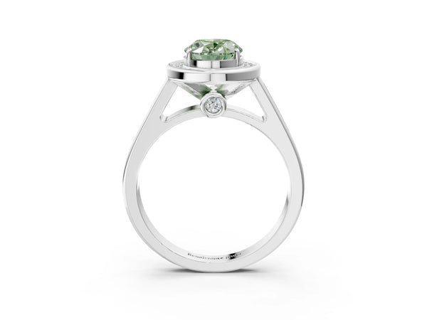 White gold Fancy Green Oval  Halo Solitaire Diamond Ring with Pave Band and Bezel Setting