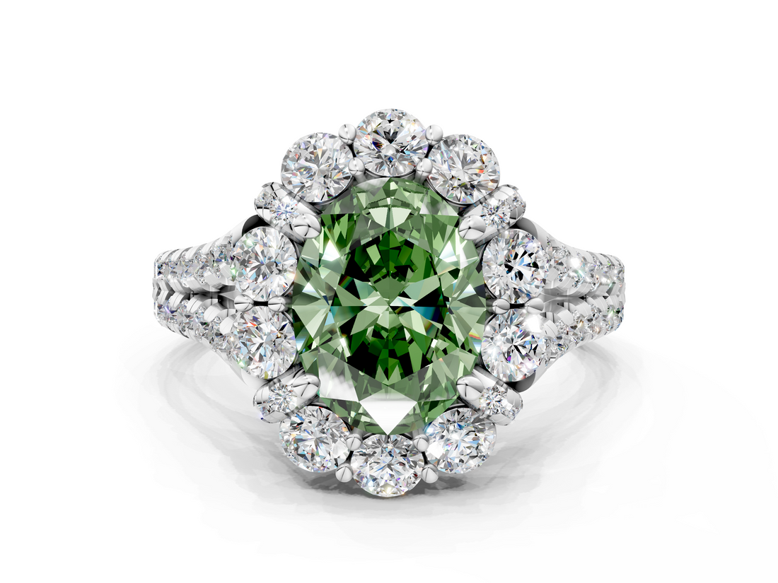 White gold Fancy Green Oval  Halo Split Shank Diamond Engagement Ring with Pave Band and Four-Prong Setting_54
