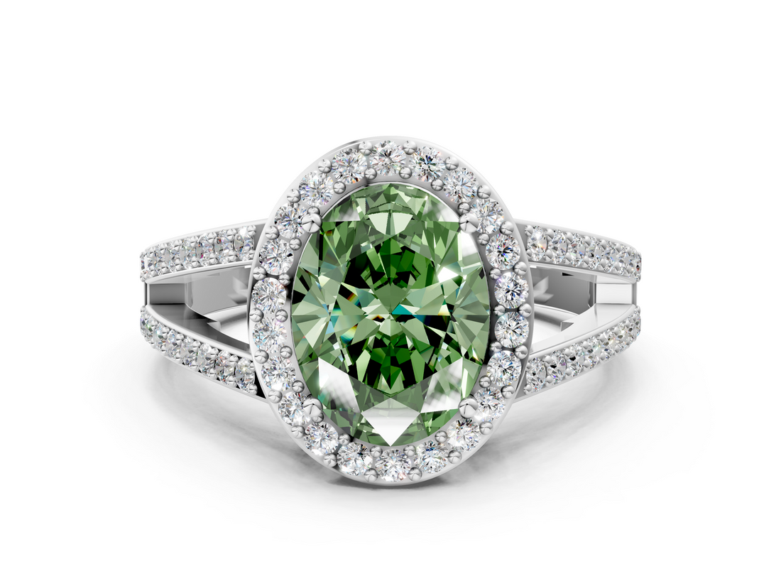 White gold Fancy Green Oval  Halo Split Shank Diamond Ring with Four-Prong Setting_50