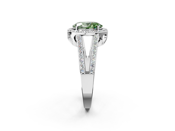 White Gold Oval Halo Engagement Ring Setting for Fancy Green Center with Split Shank