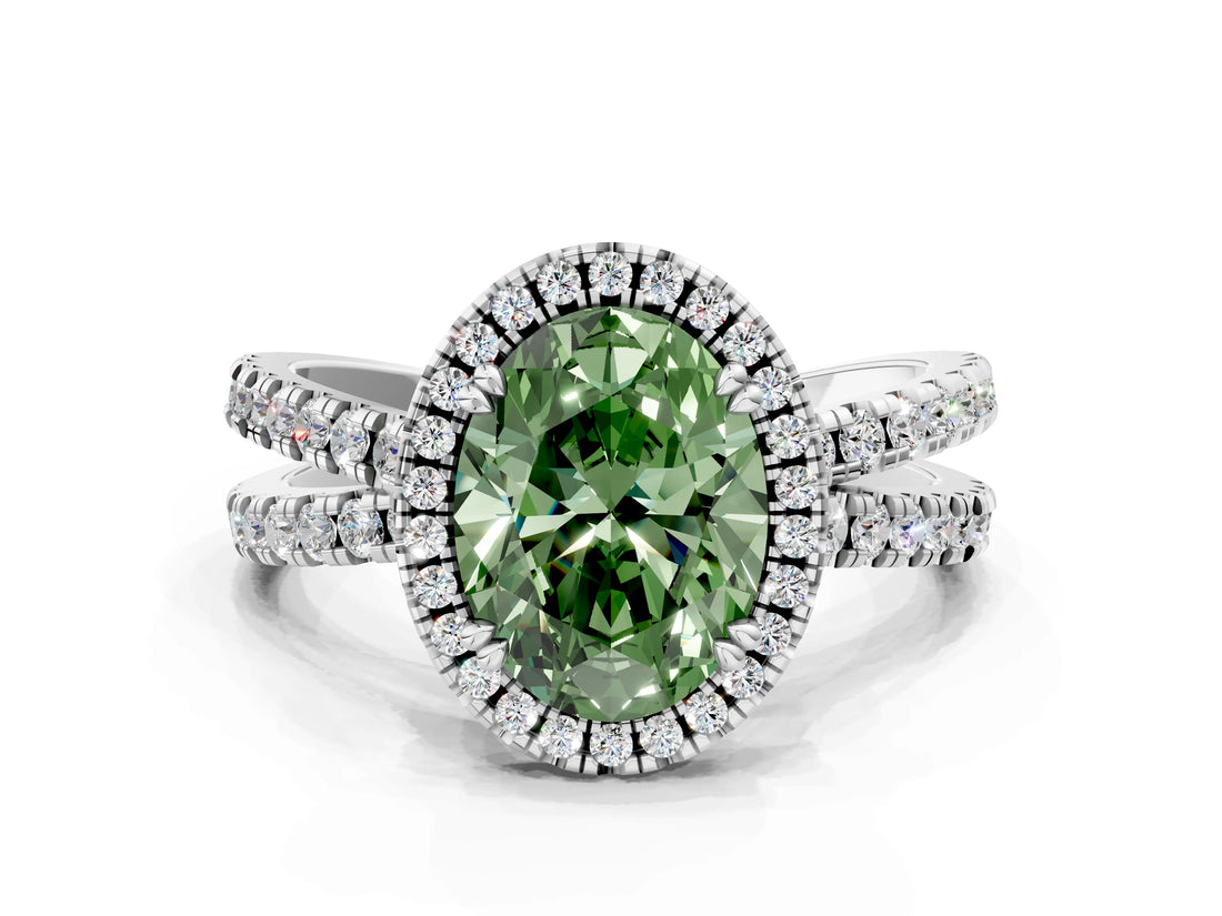 White gold Fancy Green Oval  Halo Split Shank Diamond Ring with Pavé Setting_37