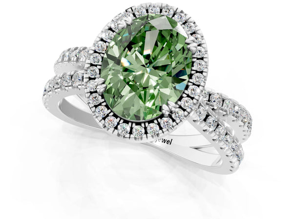 Platinum Fancy Green Oval  Halo Split Shank Diamond Ring with Pavé Setting