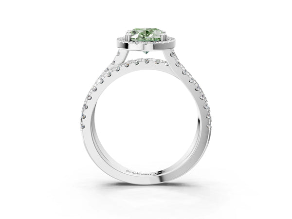 Platinum Fancy Green Oval  Halo Split Shank Diamond Ring with Pavé Setting