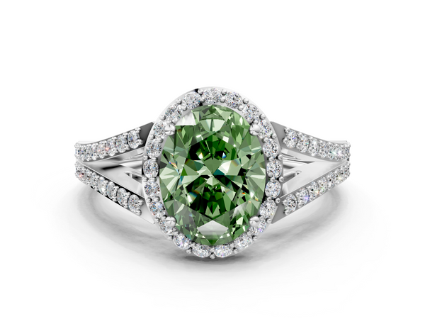 White gold Fancy Green Oval  Halo Split Shank Diamond Ring with Prong Setting