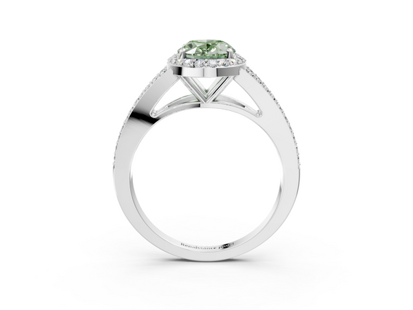 White gold Fancy Green Oval  Halo Split Shank Diamond Ring with Prong Setting