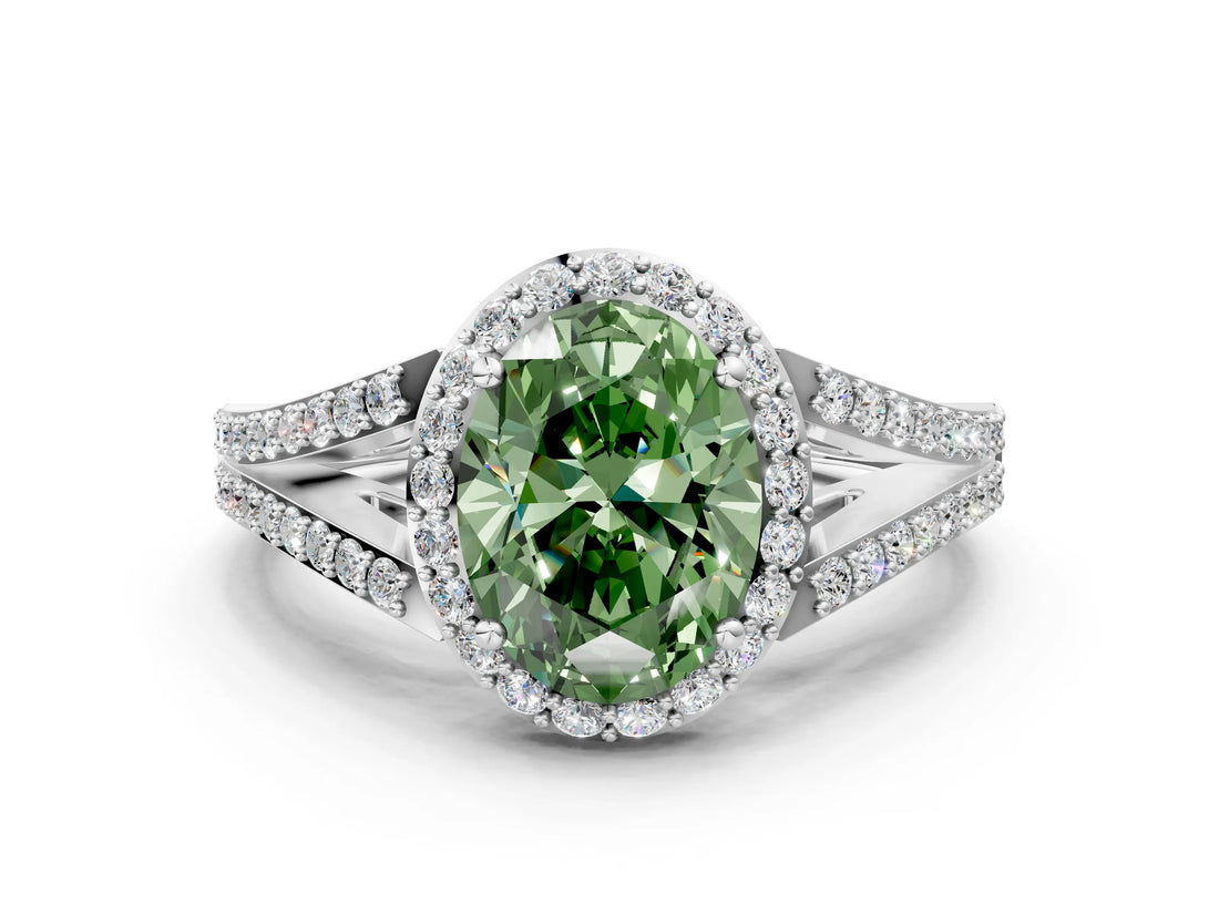 White gold Fancy Green Oval  Halo Split Shank Pave Diamond Ring with Four-Prong Setting_49