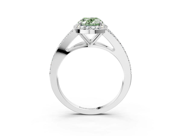 White gold Fancy Green Oval  Halo Split Shank Pave Diamond Ring with Four-Prong Setting