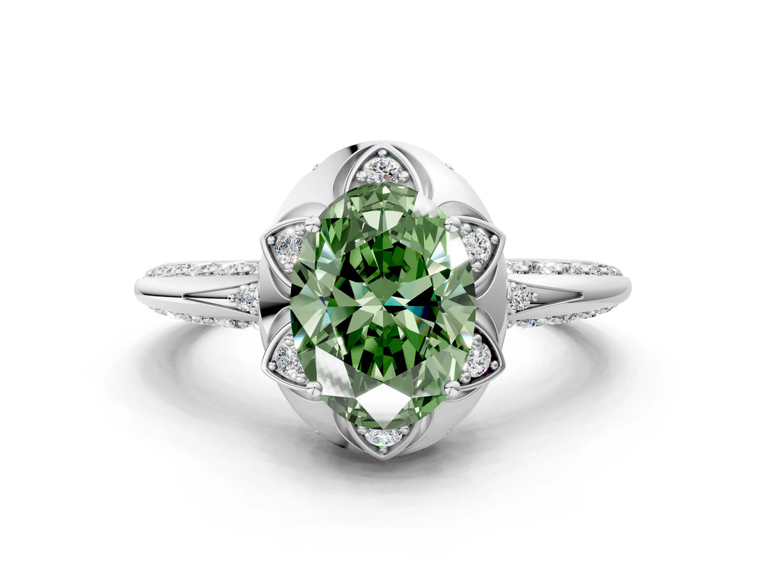 White gold Fancy Green Oval  Halo Split Shank Pave Diamond Ring with Petal Prong Setting_32