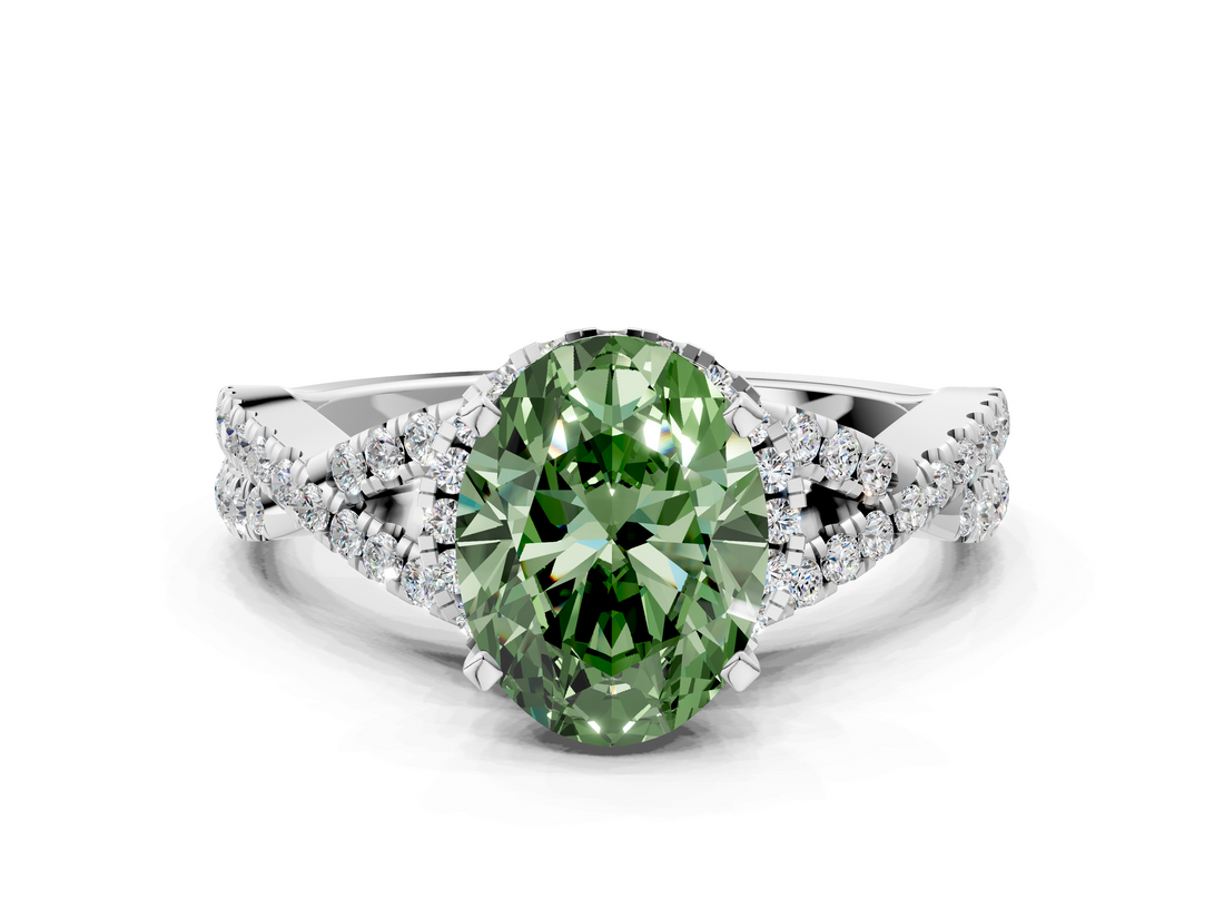 White gold Fancy Green Oval  Halo Twist Band Solitaire Prong Setting Ring_94