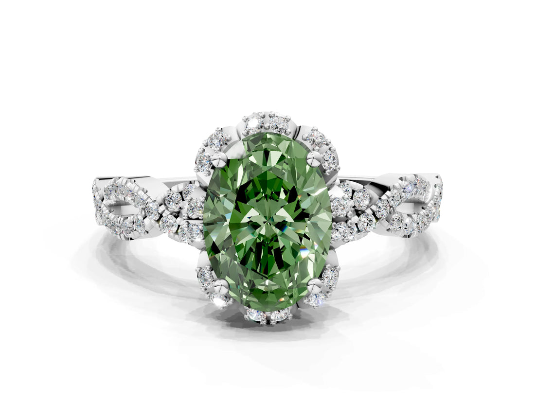 White gold Fancy Green Oval  Halo Twist Band Solitaire Ring with Six-Prong Setting_32