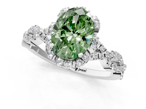 Platinum Fancy Green Oval  Halo Twist Band Solitaire Ring with Six-Prong Setting