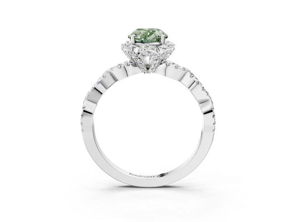 Platinum Fancy Green Oval  Halo Twist Band Solitaire Ring with Six-Prong Setting