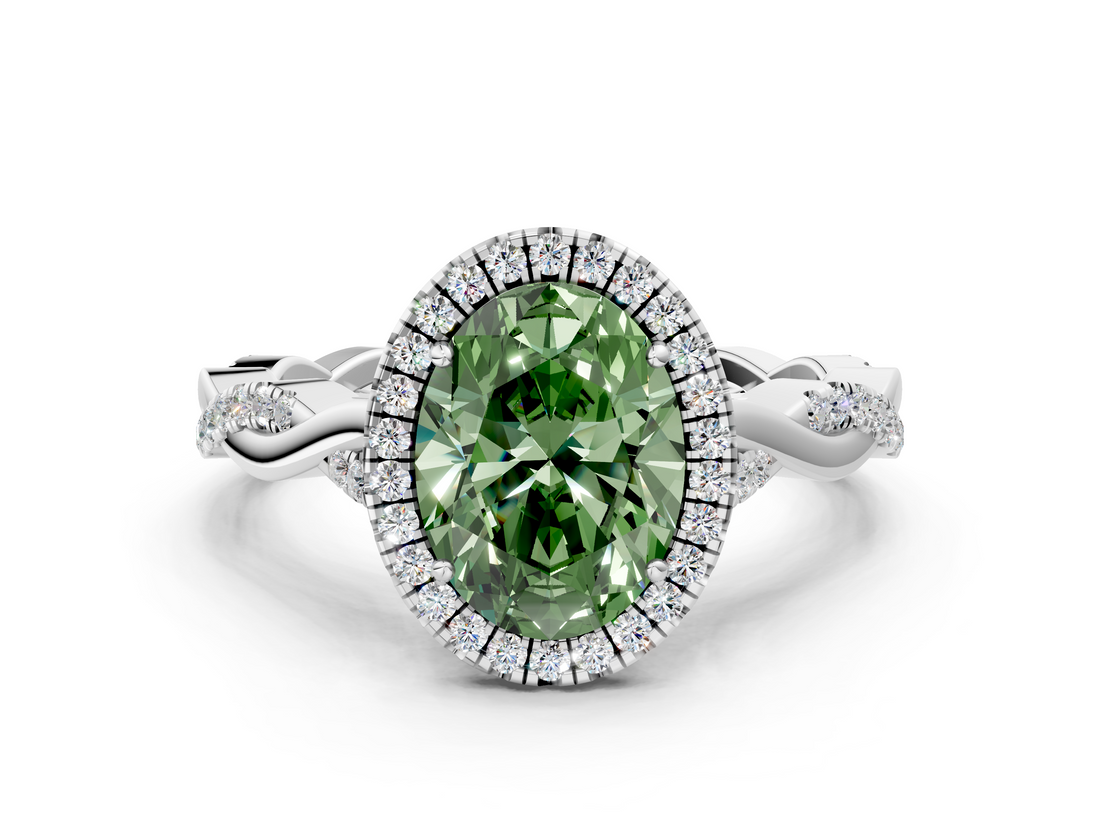 White gold Fancy Green Oval  Halo Twist Band Solitaire Ring_20