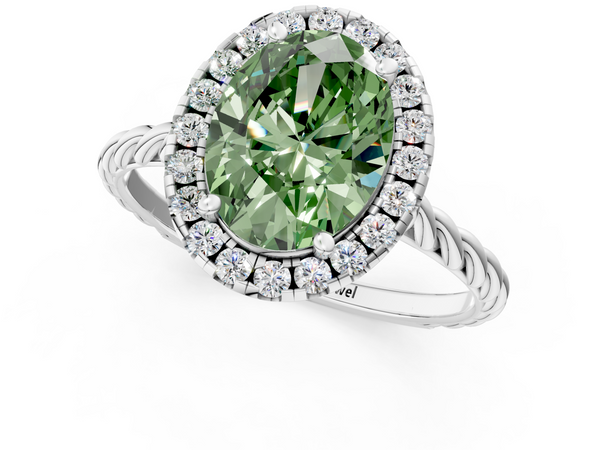 White gold Fancy Green Oval  Halo Twisted Band Four-Prong Diamond Ring