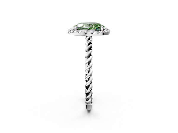 White gold Fancy Green Oval  Halo Twisted Band Four-Prong Diamond Ring