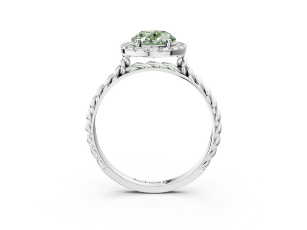 White gold Fancy Green Oval  Halo Twisted Band Four-Prong Diamond Ring