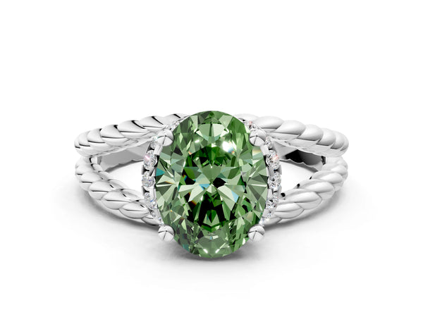 White gold Fancy Green Oval  Halo Twisted Band Four-Prong Ring