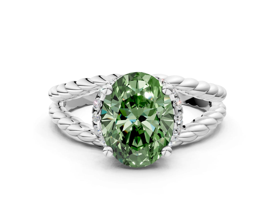 White gold Fancy Green Oval  Halo Twisted Band Four-Prong Ring_51