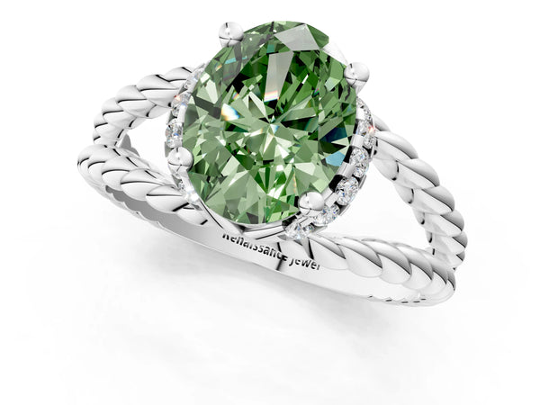 White gold Fancy Green Oval  Halo Twisted Band Four-Prong Ring