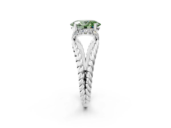 White gold Fancy Green Oval  Halo Twisted Band Four-Prong Ring