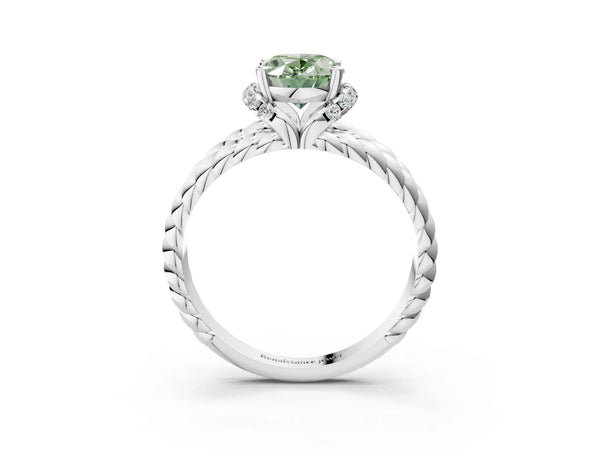 White gold Fancy Green Oval  Halo Twisted Band Four-Prong Ring