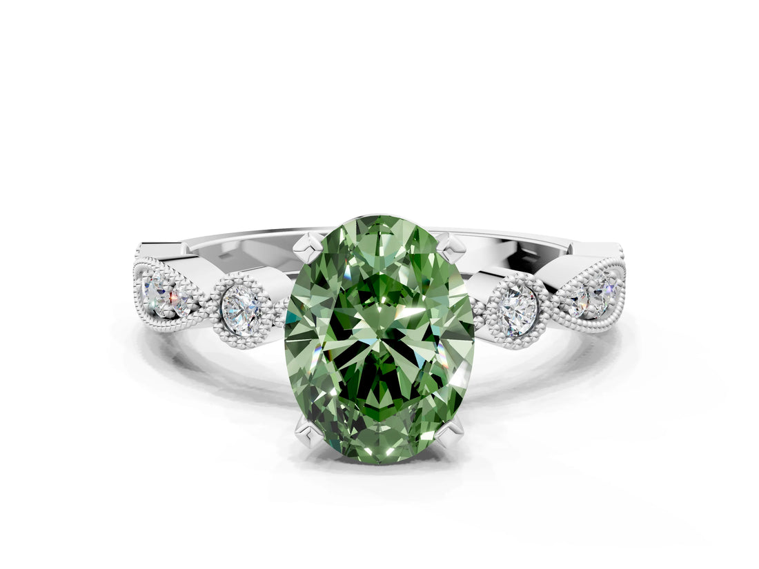 White gold Fancy Green Oval  Milgrain Bezel Diamond Engagement Ring with Solitaire Prong Setting_155