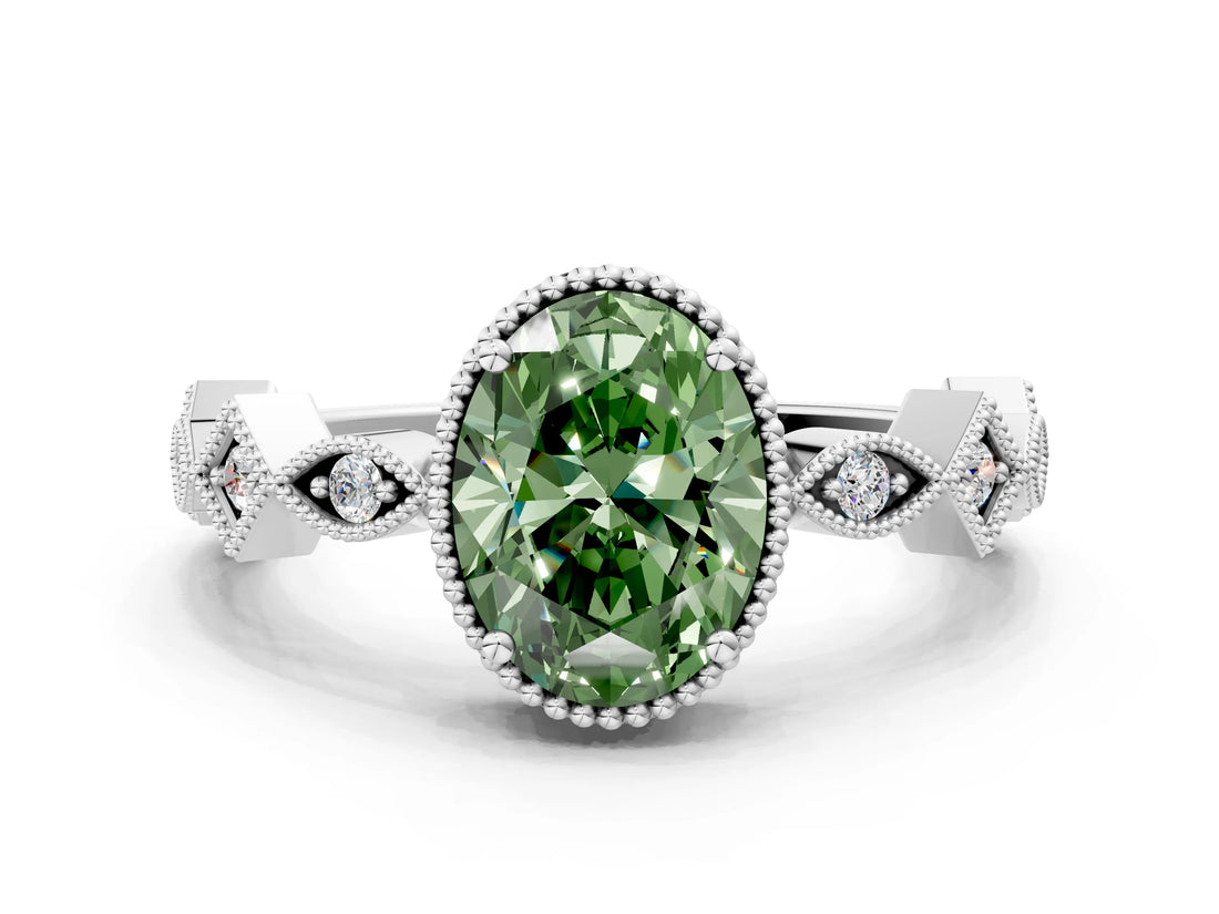 White gold Fancy Green Oval  Milgrain Marquise Diamond Twist Band Ring_62