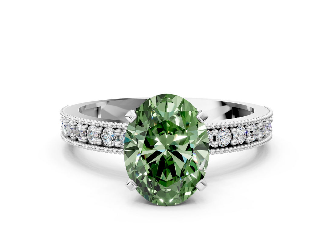 White gold Fancy Green Oval  Milgrain Pave Diamond Engagement Ring with Four-Prong Setting_181