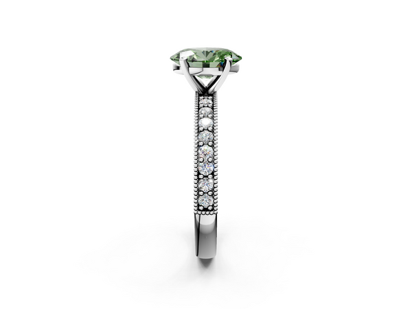 White gold Fancy Green Oval Cut Diamond Milgrain Pavé Engagement Ring with Four-Prong Setting