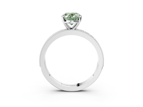 White gold Fancy Green Oval Cut Diamond Milgrain Pavé Engagement Ring with Four-Prong Setting